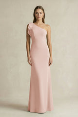 One - Shoulder Sheath Satin Long Bridesmaid Dress in Pale Blush - KISS BRIDAL Bridesmaid Dresses