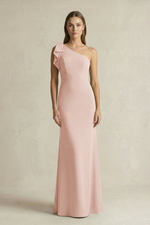 One - Shoulder Sheath Satin Long Bridesmaid Dress in Pale Blush - KISS BRIDAL Bridesmaid Dresses