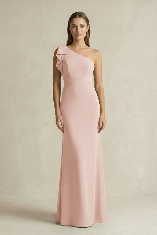 One - Shoulder Sheath Satin Long Bridesmaid Dress in Pale Blush - KISS BRIDAL Bridesmaid Dresses
