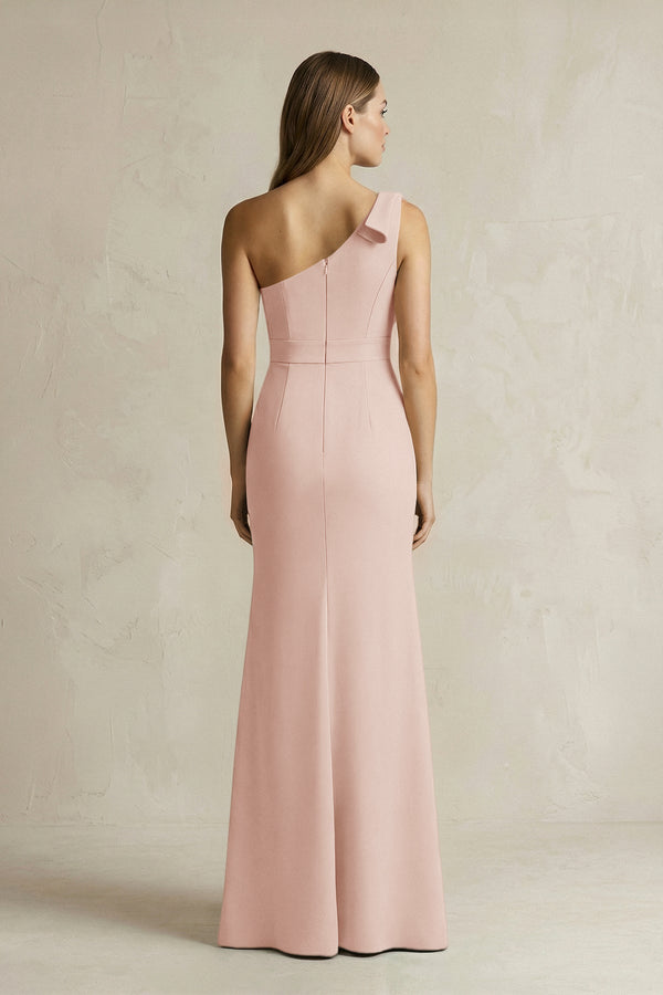 One - Shoulder Sheath Satin Long Bridesmaid Dress in Pale Blush - KISS BRIDAL Bridesmaid Dresses
