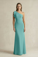 One - Shoulder Sheath Satin Long Bridesmaid Dress in Pale Pistachio - KISS BRIDAL Bridesmaid Dresses