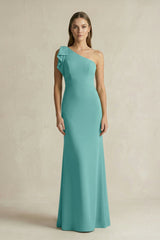 One - Shoulder Sheath Satin Long Bridesmaid Dress in Pale Pistachio - KISS BRIDAL Bridesmaid Dresses