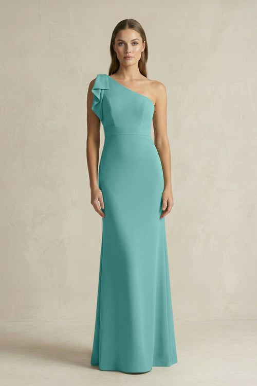 One - Shoulder Sheath Satin Long Bridesmaid Dress in Pale Pistachio - KISS BRIDAL Bridesmaid Dresses