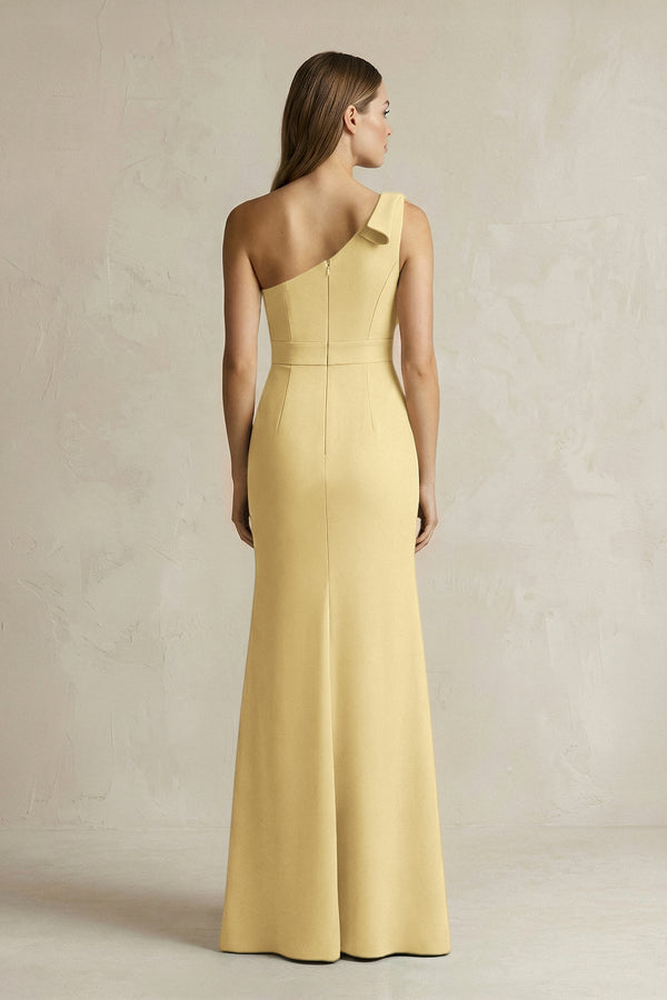 One - Shoulder Sheath Satin Long Bridesmaid Dress in Pastel Yellow - KISS BRIDAL Bridesmaid Dresses