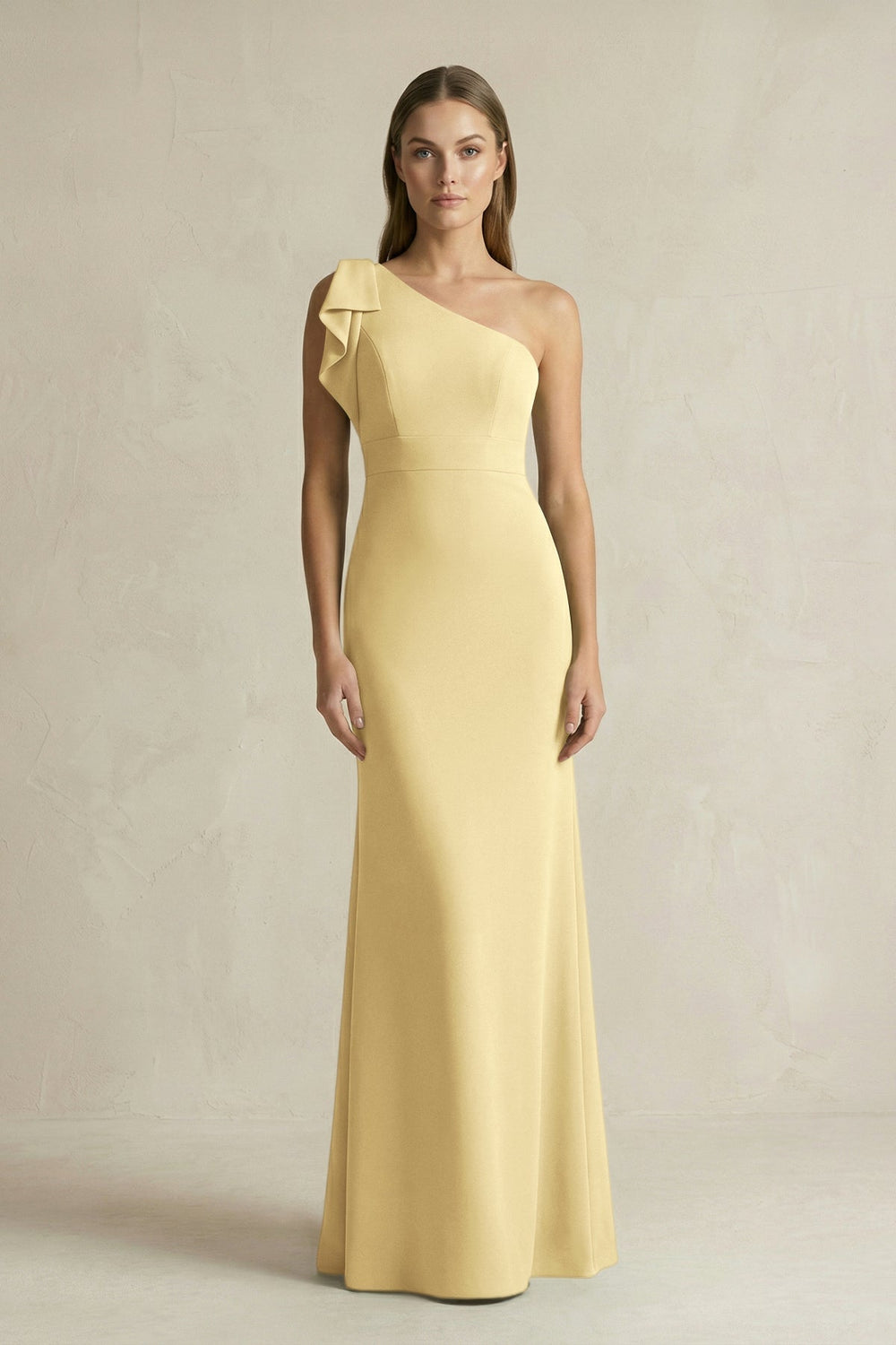 One - Shoulder Sheath Satin Long Bridesmaid Dress in Pastel Yellow - KISS BRIDAL Bridesmaid Dresses
