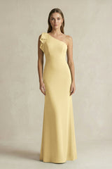 One - Shoulder Sheath Satin Long Bridesmaid Dress in Pastel Yellow - KISS BRIDAL Bridesmaid Dresses