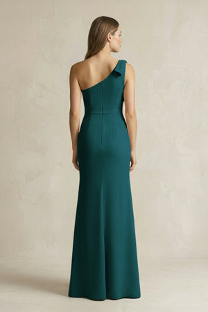 One - Shoulder Sheath Satin Long Bridesmaid Dress in Pine - SHE IS ME Bridesmaid Dresses
