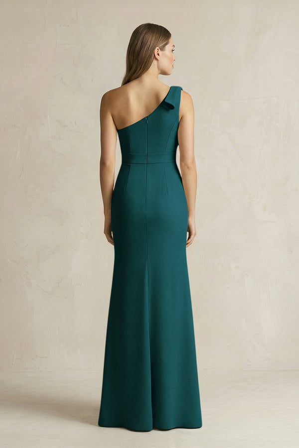 One - Shoulder Sheath Satin Long Bridesmaid Dress in Pine - SHE IS ME Bridesmaid Dresses
