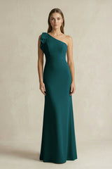 One - Shoulder Sheath Satin Long Bridesmaid Dress in Pine - KISS BRIDAL Bridesmaid Dresses