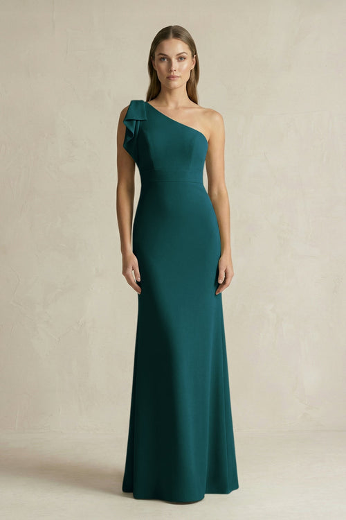 One - Shoulder Sheath Satin Long Bridesmaid Dress in Pine - SHE IS ME Bridesmaid Dresses