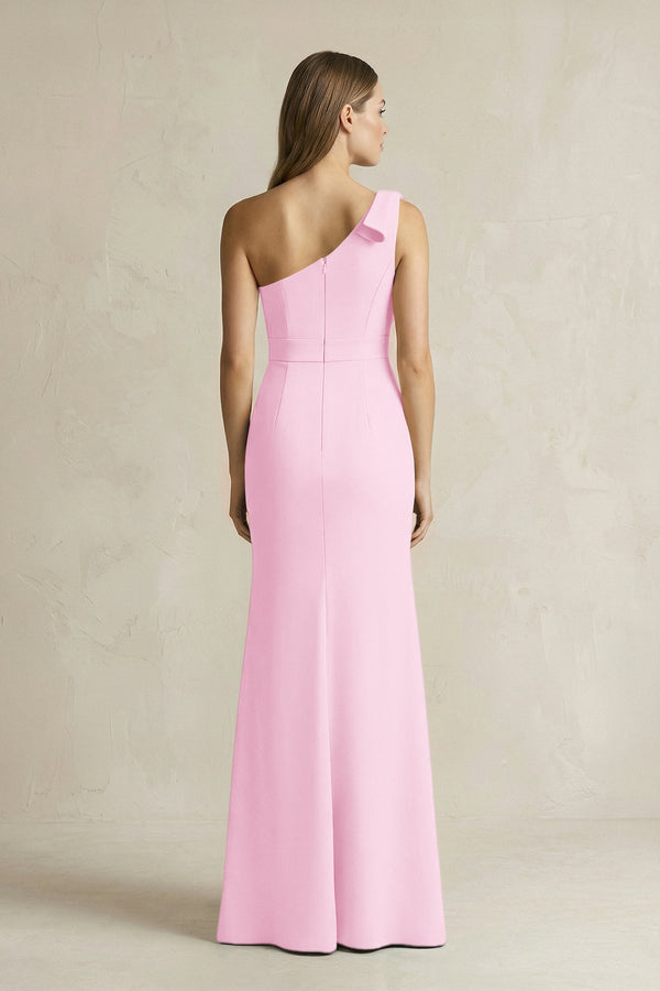One - Shoulder Sheath Satin Long Bridesmaid Dress in Pink - SHE IS ME Bridesmaid Dresses