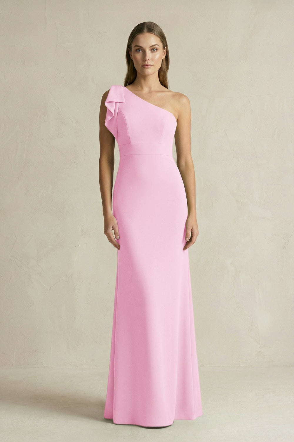 One - Shoulder Sheath Satin Long Bridesmaid Dress in Pink - KISS BRIDAL Bridesmaid Dresses