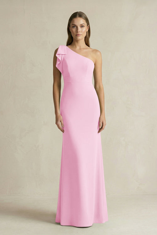 One - Shoulder Sheath Satin Long Bridesmaid Dress in Pink - SHE IS ME Bridesmaid Dresses