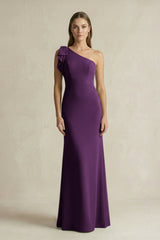 One - Shoulder Sheath Satin Long Bridesmaid Dress in Plum - KISS BRIDAL Bridesmaid Dresses