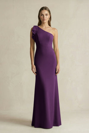 One - Shoulder Sheath Satin Long Bridesmaid Dress in Plum - SHE IS ME Bridesmaid Dresses