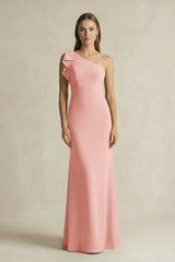 One - Shoulder Sheath Satin Long Bridesmaid Dress in Rose Petal - KISS BRIDAL Bridesmaid Dresses