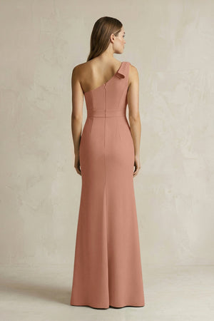 One - Shoulder Sheath Satin Long Bridesmaid Dress in Rosette - SHE IS ME Bridesmaid Dresses