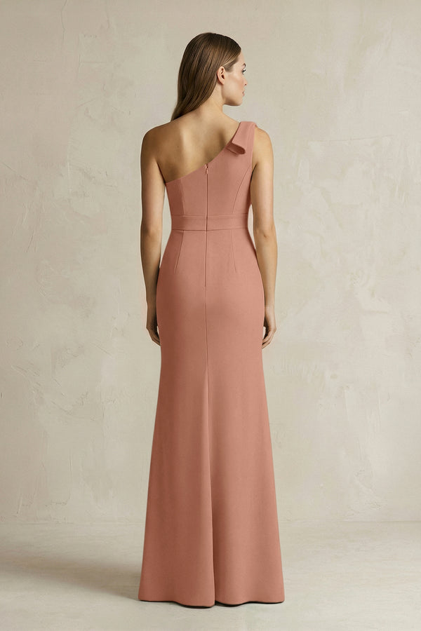 One - Shoulder Sheath Satin Long Bridesmaid Dress in Rosette - SHE IS ME Bridesmaid Dresses