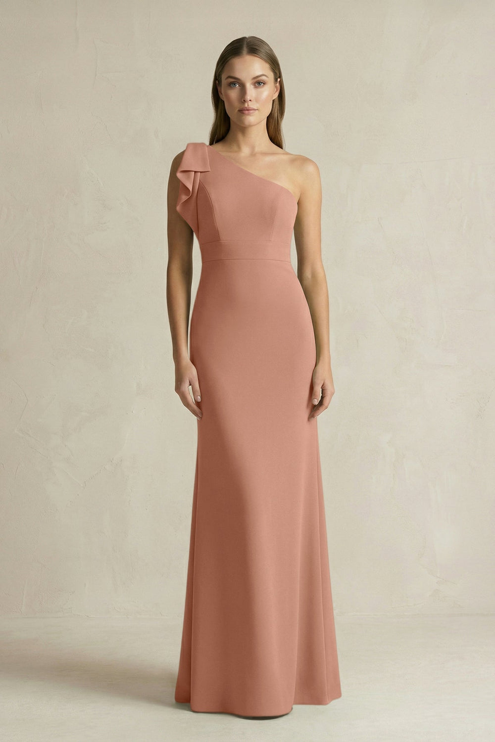 One - Shoulder Sheath Satin Long Bridesmaid Dress in Rosette - KISS BRIDAL Bridesmaid Dresses