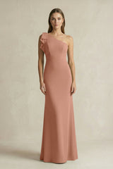 One - Shoulder Sheath Satin Long Bridesmaid Dress in Rosette - KISS BRIDAL Bridesmaid Dresses