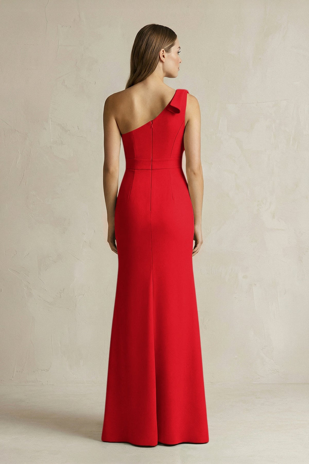 One - Shoulder Sheath Satin Long Bridesmaid Dress in Ruby Red - KISS BRIDAL Bridesmaid Dresses