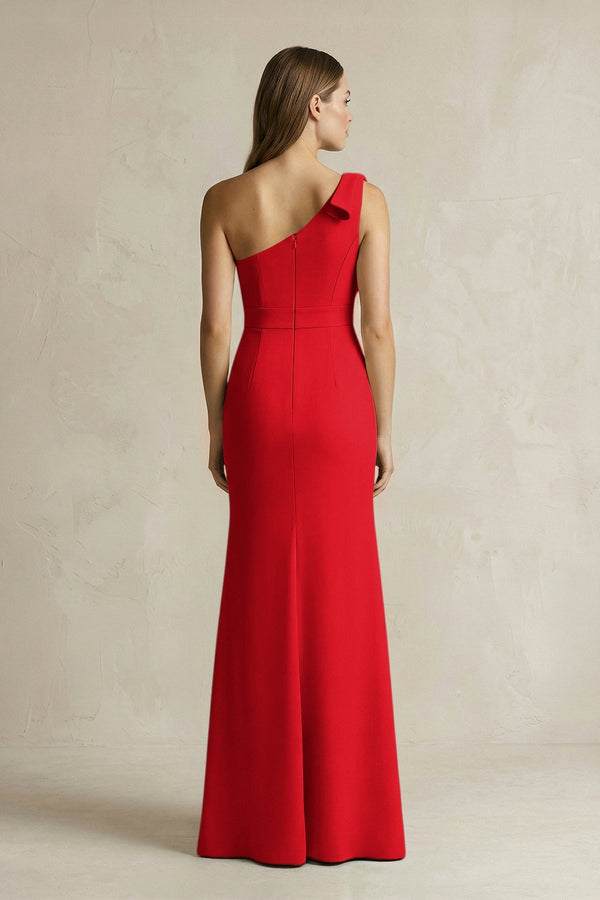 One - Shoulder Sheath Satin Long Bridesmaid Dress in Ruby Red - SHE IS ME Bridesmaid Dresses