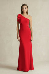 One - Shoulder Sheath Satin Long Bridesmaid Dress in Ruby Red - KISS BRIDAL Bridesmaid Dresses