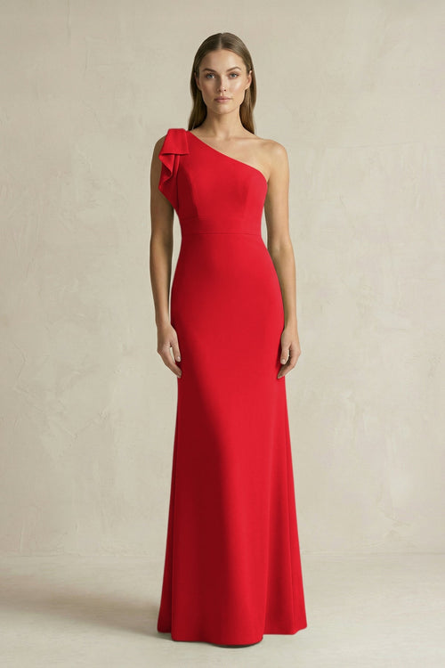 One - Shoulder Sheath Satin Long Bridesmaid Dress in Ruby Red - SHE IS ME Bridesmaid Dresses