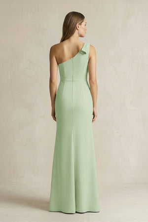 One - Shoulder Sheath Satin Long Bridesmaid Dress in Sage - SHE IS ME Bridesmaid Dresses