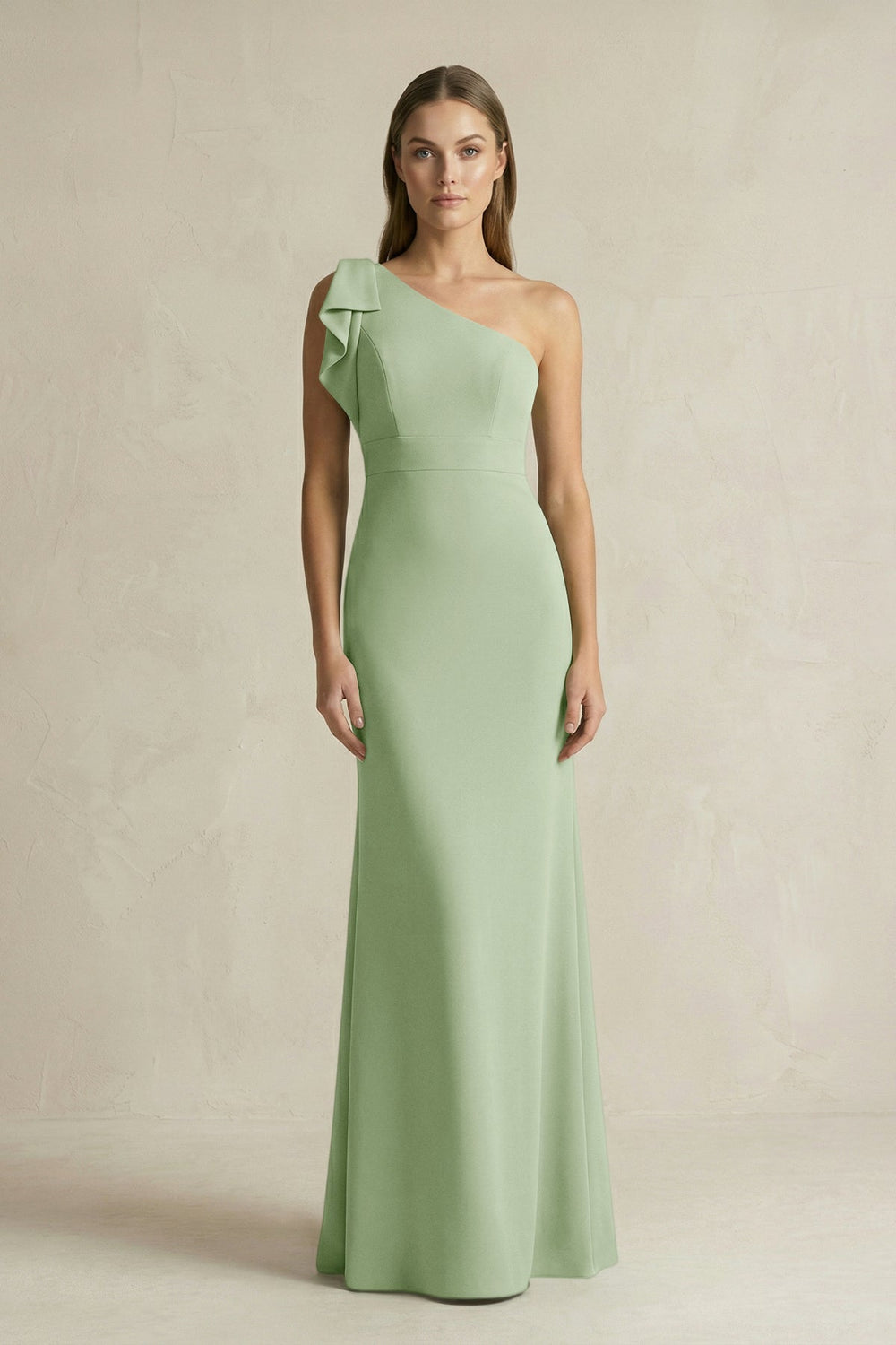 One - Shoulder Sheath Satin Long Bridesmaid Dress in Sage - KISS BRIDAL Bridesmaid Dresses