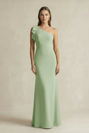 One - Shoulder Sheath Satin Long Bridesmaid Dress in Sage - SHE IS ME Bridesmaid Dresses