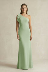 One - Shoulder Sheath Satin Long Bridesmaid Dress in Sage - KISS BRIDAL Bridesmaid Dresses
