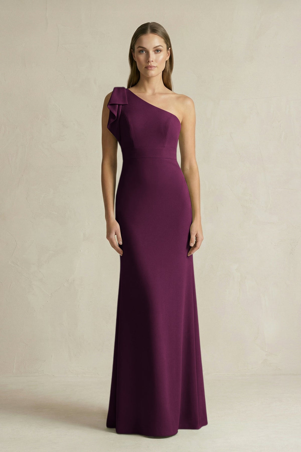 One - Shoulder Sheath Satin Long Bridesmaid Dress in Sangria - KISS BRIDAL Bridesmaid Dresses