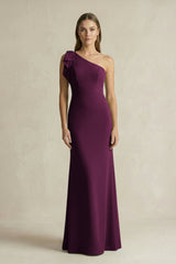 One - Shoulder Sheath Satin Long Bridesmaid Dress in Sangria - KISS BRIDAL Bridesmaid Dresses