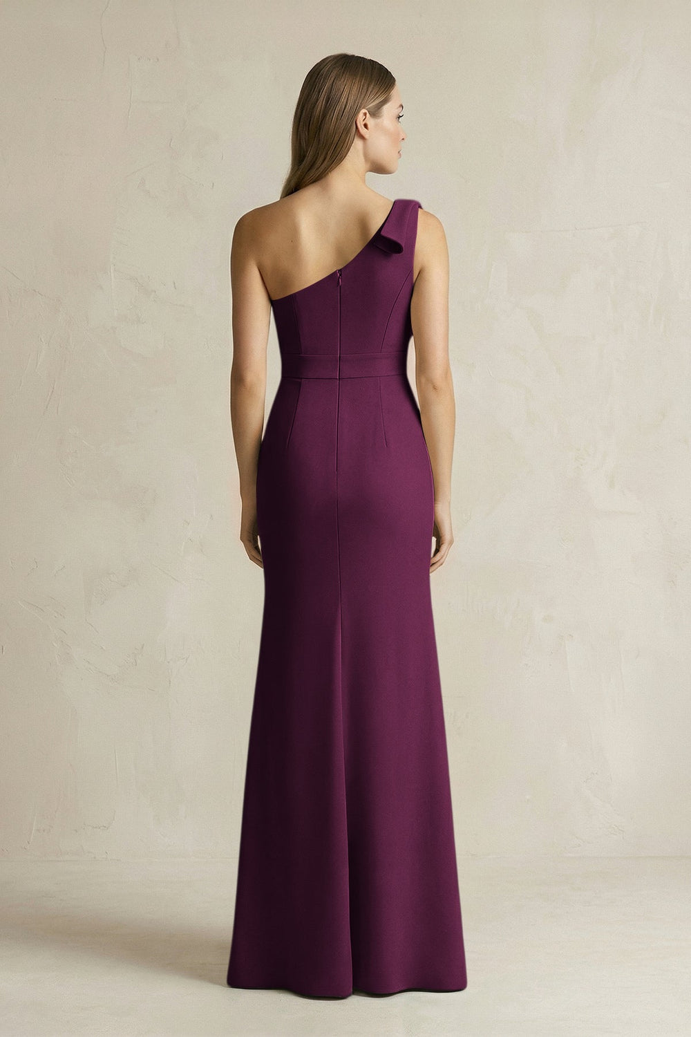 One - Shoulder Sheath Satin Long Bridesmaid Dress in Sangria - KISS BRIDAL Bridesmaid Dresses