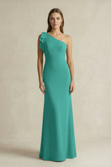 One - Shoulder Sheath Satin Long Bridesmaid Dress in Sea Glass - KISS BRIDAL Bridesmaid Dresses