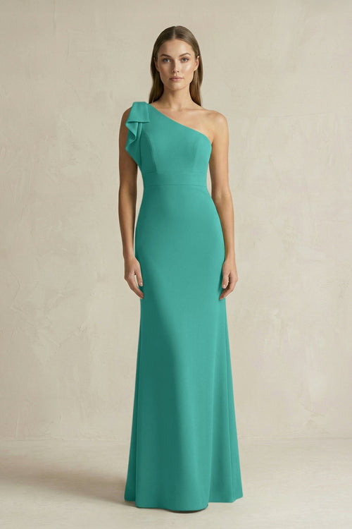 One - Shoulder Sheath Satin Long Bridesmaid Dress in Sea Glass - KISS BRIDAL Bridesmaid Dresses