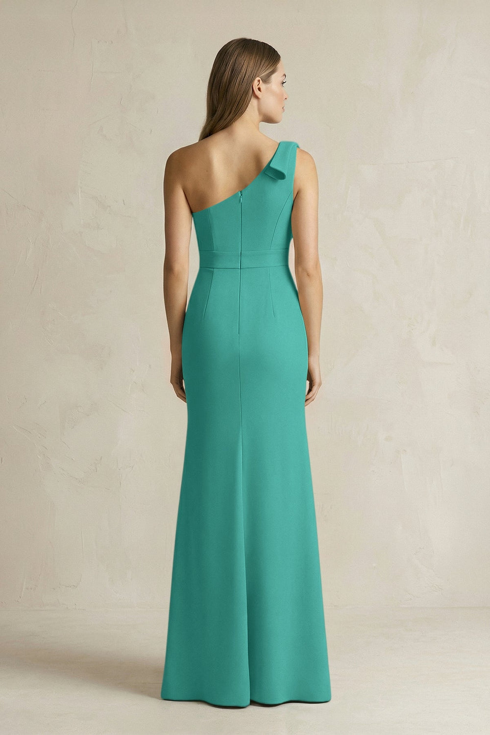 One - Shoulder Sheath Satin Long Bridesmaid Dress in Sea Glass - KISS BRIDAL Bridesmaid Dresses