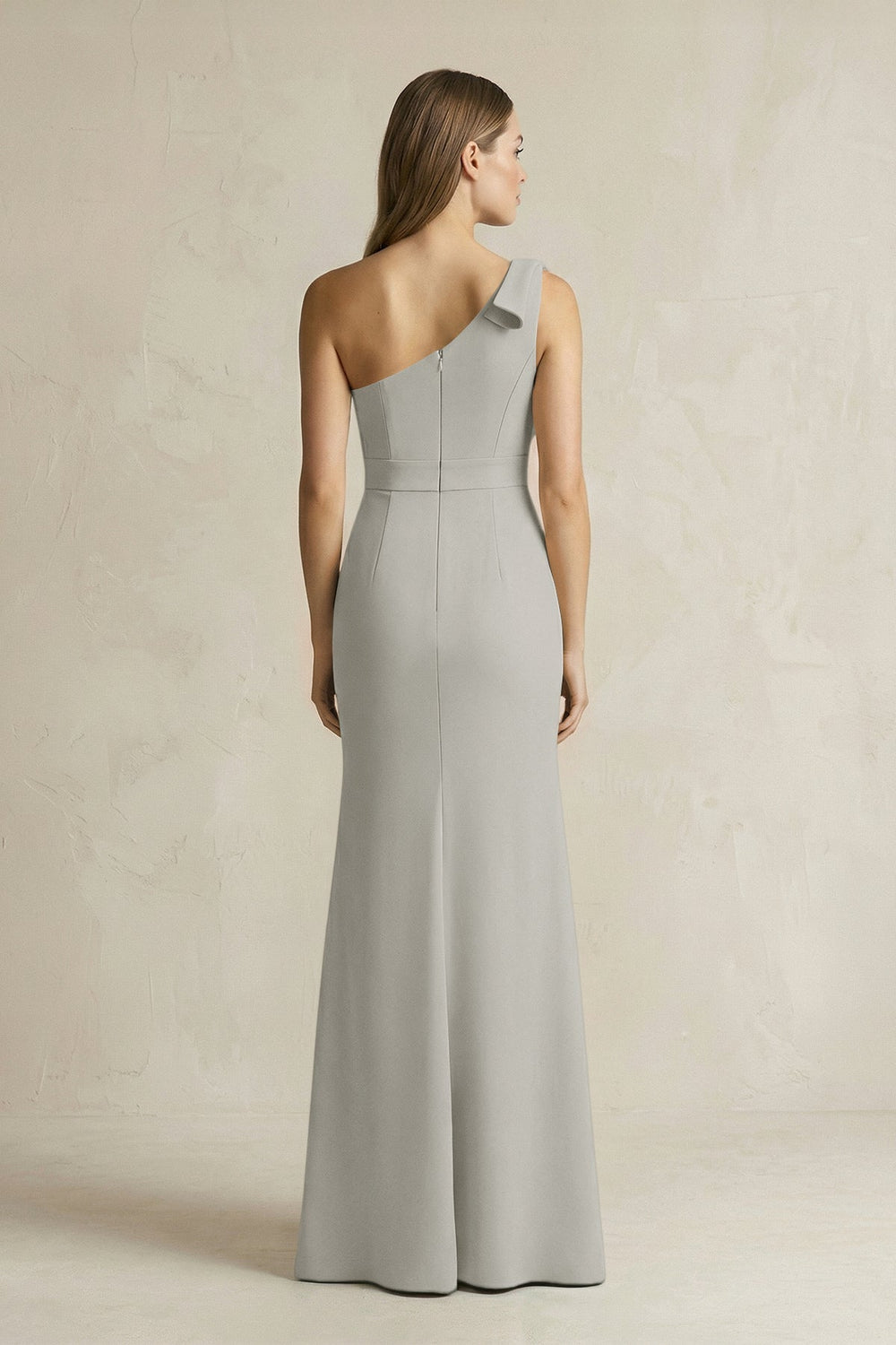 One - Shoulder Sheath Satin Long Bridesmaid Dress in Silver - KISS BRIDAL Bridesmaid Dresses