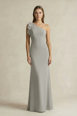 One - Shoulder Sheath Satin Long Bridesmaid Dress in Silver - KISS BRIDAL Bridesmaid Dresses