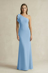 One - Shoulder Sheath Satin Long Bridesmaid Dress in Sky Blue - KISS BRIDAL Bridesmaid Dresses