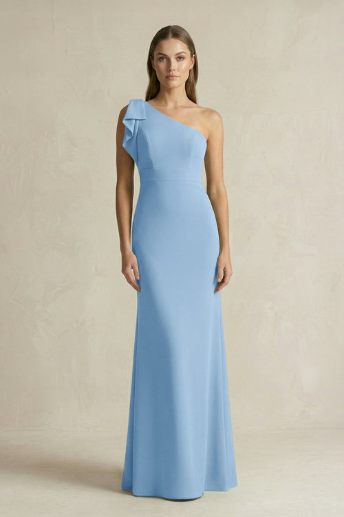 One - Shoulder Sheath Satin Long Bridesmaid Dress in Sky Blue - SHE IS ME Bridesmaid Dresses