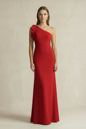 One - Shoulder Sheath Satin Long Bridesmaid Dress in Spice - SHE IS ME Bridesmaid Dresses
