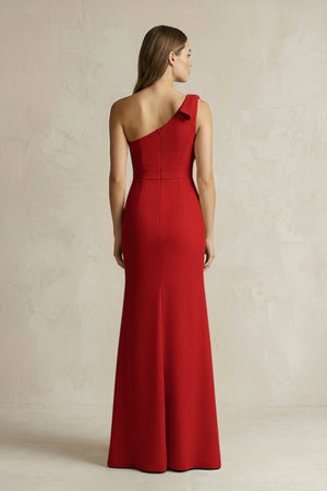 One - Shoulder Sheath Satin Long Bridesmaid Dress in Spice - SHE IS ME Bridesmaid Dresses