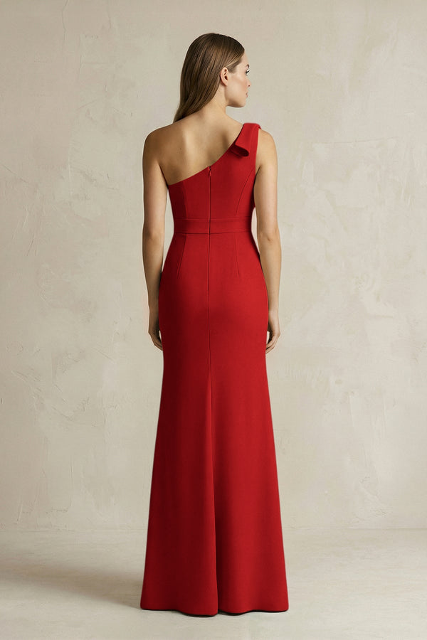 One - Shoulder Sheath Satin Long Bridesmaid Dress in Spice - SHE IS ME Bridesmaid Dresses