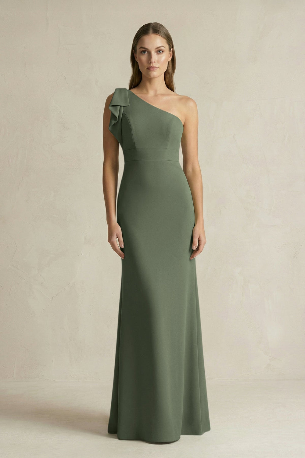 One - Shoulder Sheath Satin Long Bridesmaid Dress in Thyme - KISS BRIDAL Bridesmaid Dresses