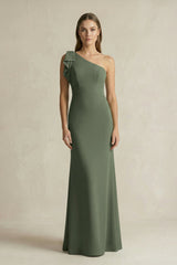 One - Shoulder Sheath Satin Long Bridesmaid Dress in Thyme - KISS BRIDAL Bridesmaid Dresses