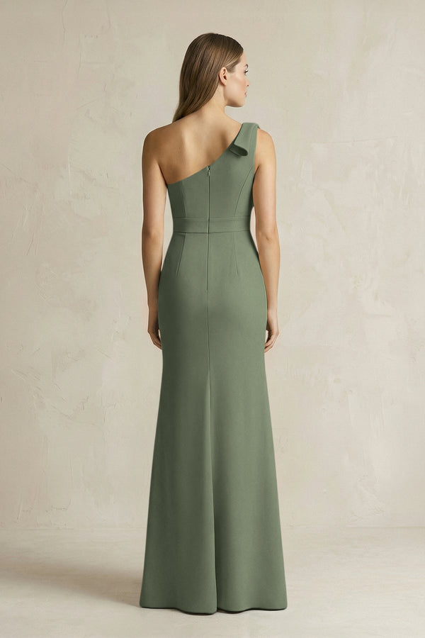 One - Shoulder Sheath Satin Long Bridesmaid Dress in Thyme - SHE IS ME Bridesmaid Dresses