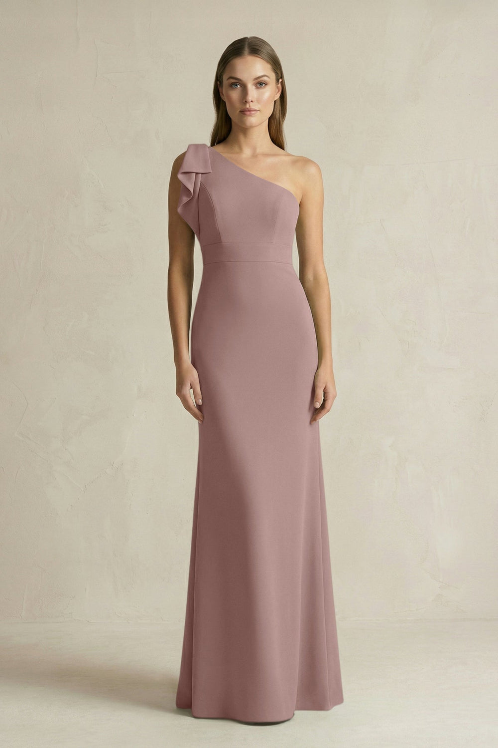One - Shoulder Sheath Satin Long Bridesmaid Dress in Toffee - KISS BRIDAL Bridesmaid Dresses