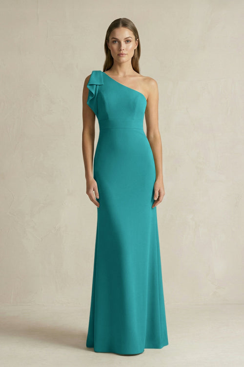 One - Shoulder Sheath Satin Long Bridesmaid Dress in Turquoise - SHE IS ME Bridesmaid Dresses